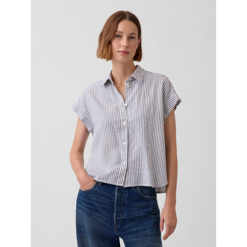 SS SHIRT - LINEN BLUE WHITE STRIPE