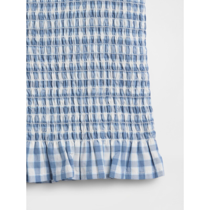 V-SMOCKED WOVEN TOP NAVY GINGHAM