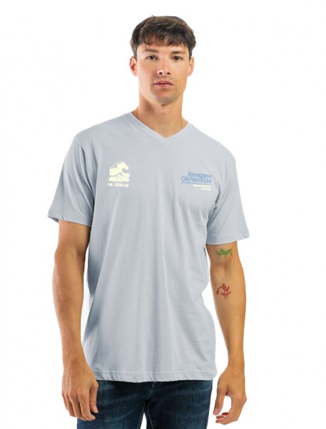 Remera Algodón Estampada Cuello V Celeste y Crema