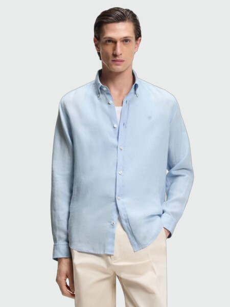 BOSS - Camisa Slim- Fit Lino Celeste