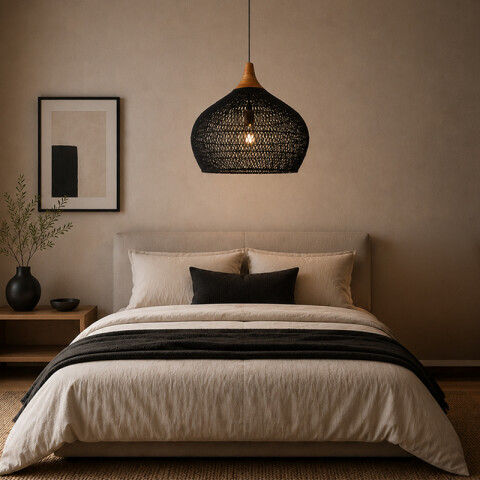 Lámpara colg. campana ratán negro E27 Ø600x450mm IX9546