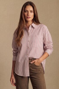 Camisa Rayada Con Lino Burdeos