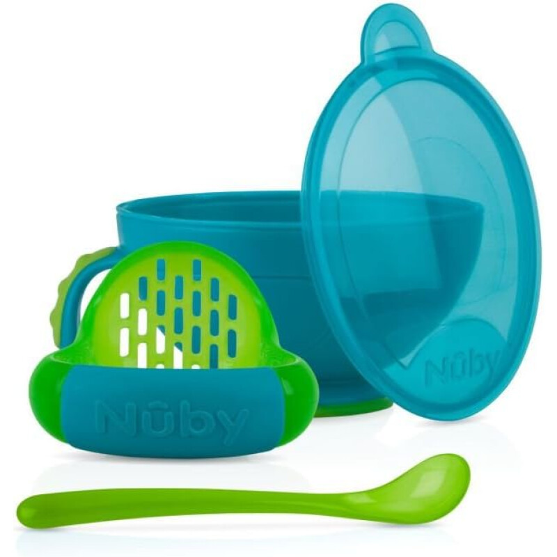 Set Preparador de Papillas Nuby con Pisador, Cuchara y Bowl Antideslizante Celeste