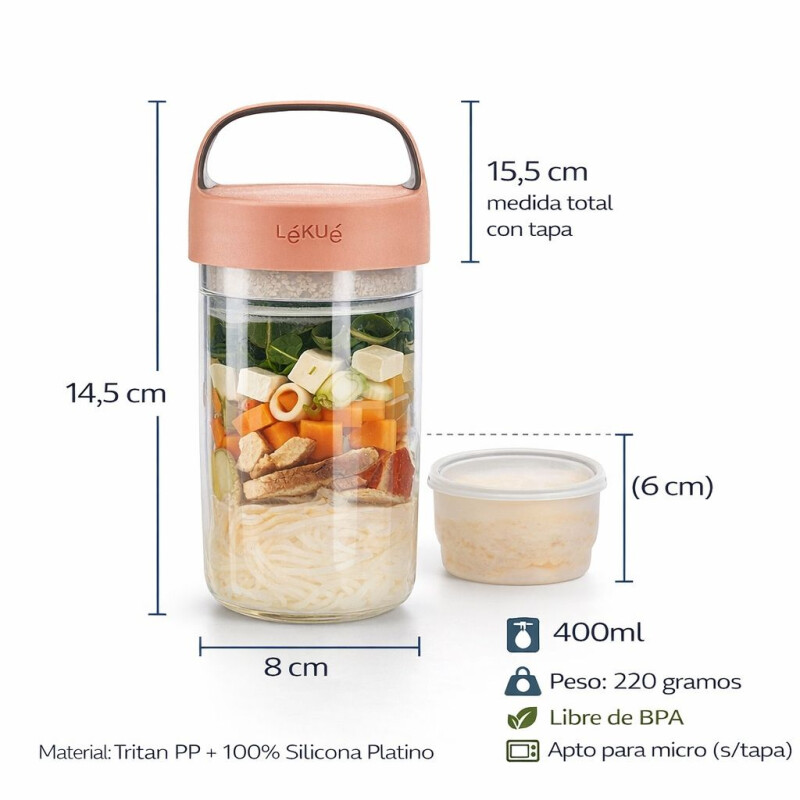Recipiente Hermético Portátil para Ensaladas y Comidas Lekué Rosado