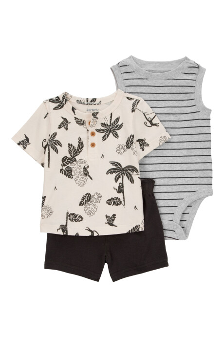 Set tres piezas de algodón, short, remera henley y body manga corta Sin color