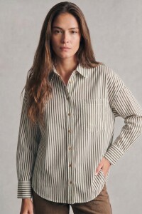 Camisa Rayada Con Lino Oliva