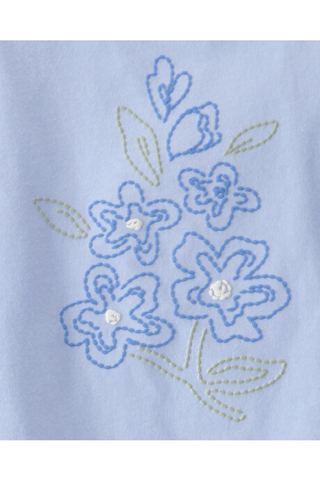 Set dos piezas, short pollera de jersey arrugado y remera de algodón, azul, diseño floral Sin color