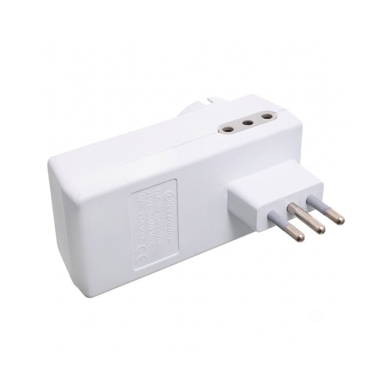 ADAPTADOR TRIPLE SCHUKO +2USB 2.1A Adaptador Triple Schuko + 2 Tomas + 2 USB 2.1A Blanco