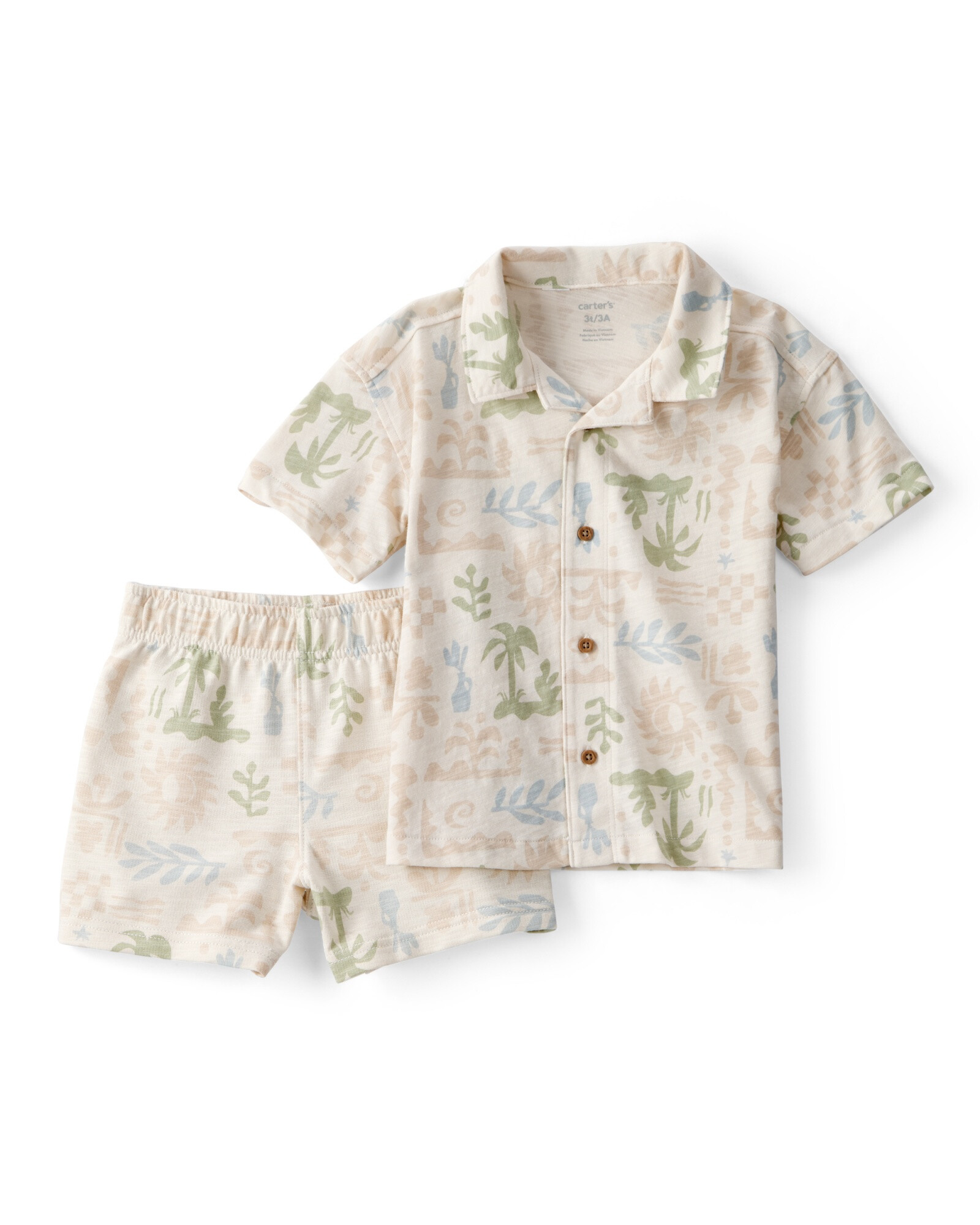 Set dos piezas de algodón, short y camisa, crema, diseño tropical. Talles 2-5T Sin color