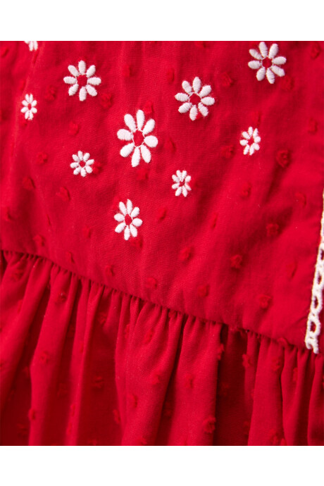 Vestido de algodón, con lunares y flores bordados, rojo Sin color