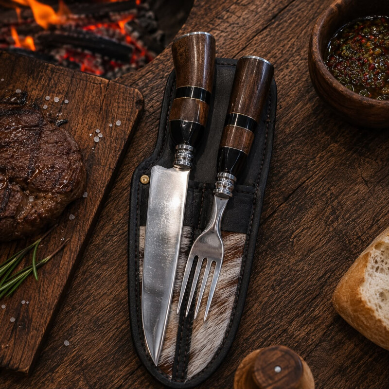 Set de Asado Artesanal - Cuchillo y Tenedor Parrillero con Madera y Guampa N°6 Set de Asado Artesanal - Cuchillo y Tenedor Parrillero con Madera y Guampa N°6