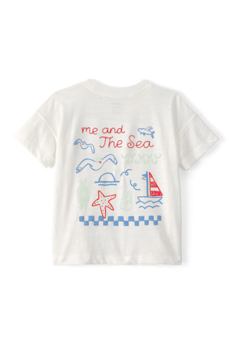 Remera de algodón, manga corta, blanca, estampa náutica Sin color