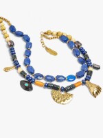 Collar Corto Doble Con Piedras Y Colgantes azul