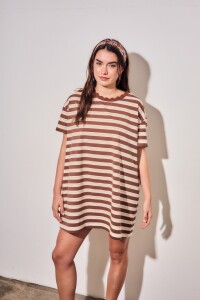Vestido Manga Corta Rayado Chocolate