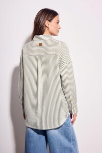Camisa Rayada Con Lino Oliva