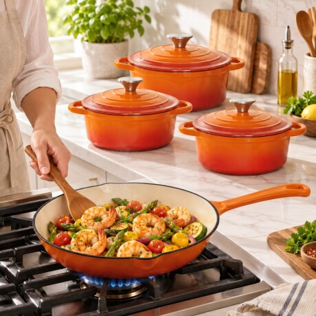 SET DE OLLAS DE HIERRO FUNDIDO FIRE KING 7 PCS NARANJA SET DE OLLAS DE HIERRO FUNDIDO FIRE KING 7 PCS NARANJA