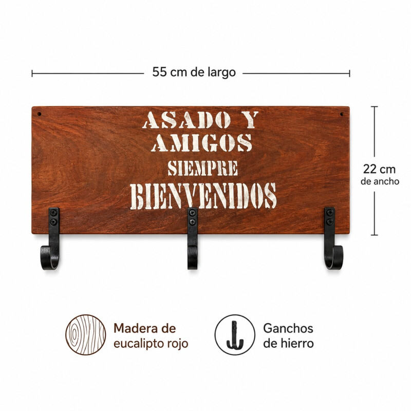 Perchero Rústico en Madera Eucalipto Rojo y Gancho de Hierro Asado y Amigos Siempre Bienvenidos- Grande Perchero Rústico en Madera Eucalipto Rojo y Gancho de Hierro Asado y Amigos Siempre Bienvenidos- Grande