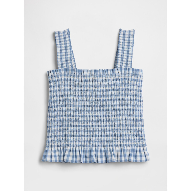 V-SMOCKED WOVEN TOP NAVY GINGHAM