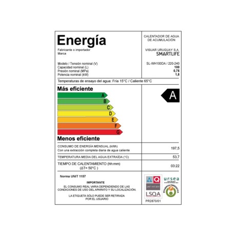 Termotanque Eléctrico Smartlife SL-WH100DA 100 L Display Digital Eficiencia A Termotanque Eléctrico Smartlife SL-WH100DA 100 L Display Digital Eficiencia A