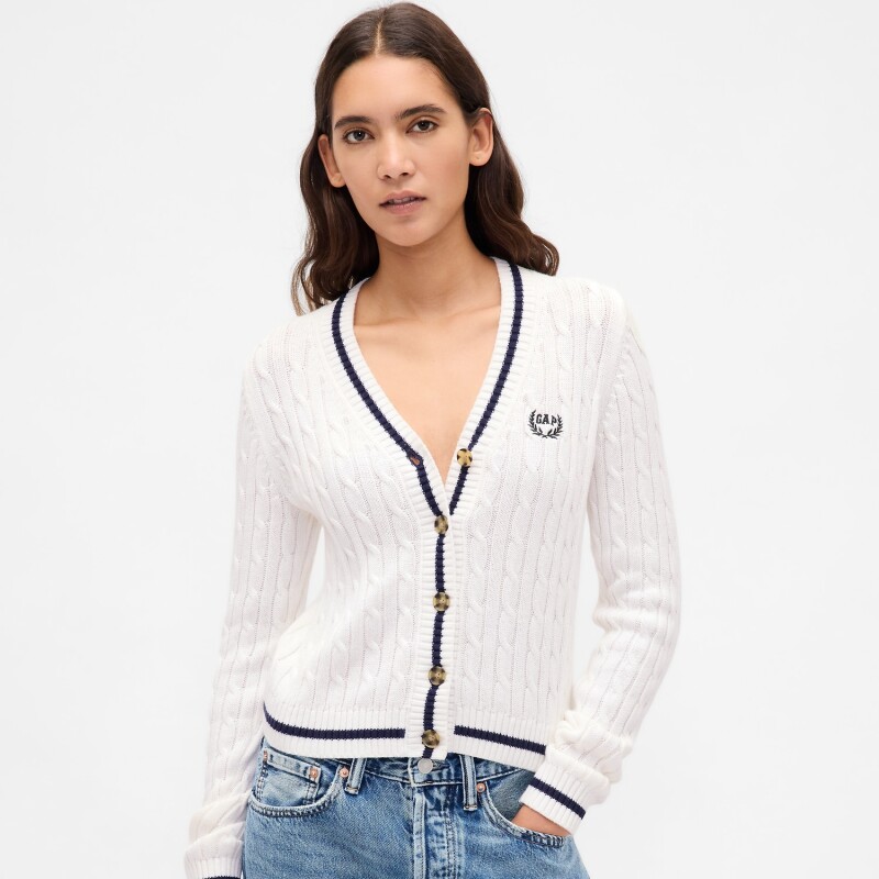 FRANCHISE LOGO COTTON CROP CABLE CARDI NEW OFF WHITE