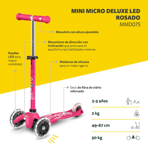 Monopatín Micro Mini Deluxe LED Ajustable con 3 Ruedas ROSA