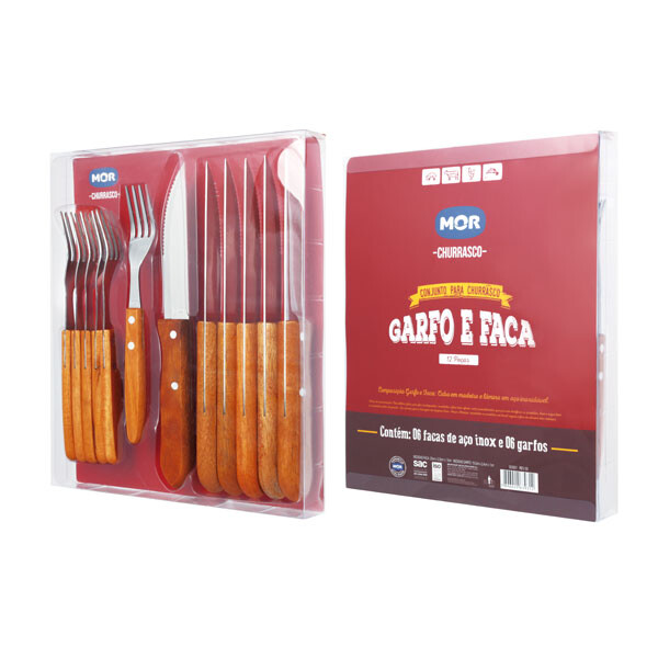 KIT ASADO 12 PIEZAS CUCHILLO Y TENEDOR MADERA MARRON
