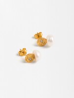 Pendientes Cortos Con Perlas De Agua Dulce Y Circonitas - Plata De Ley 925 dorado