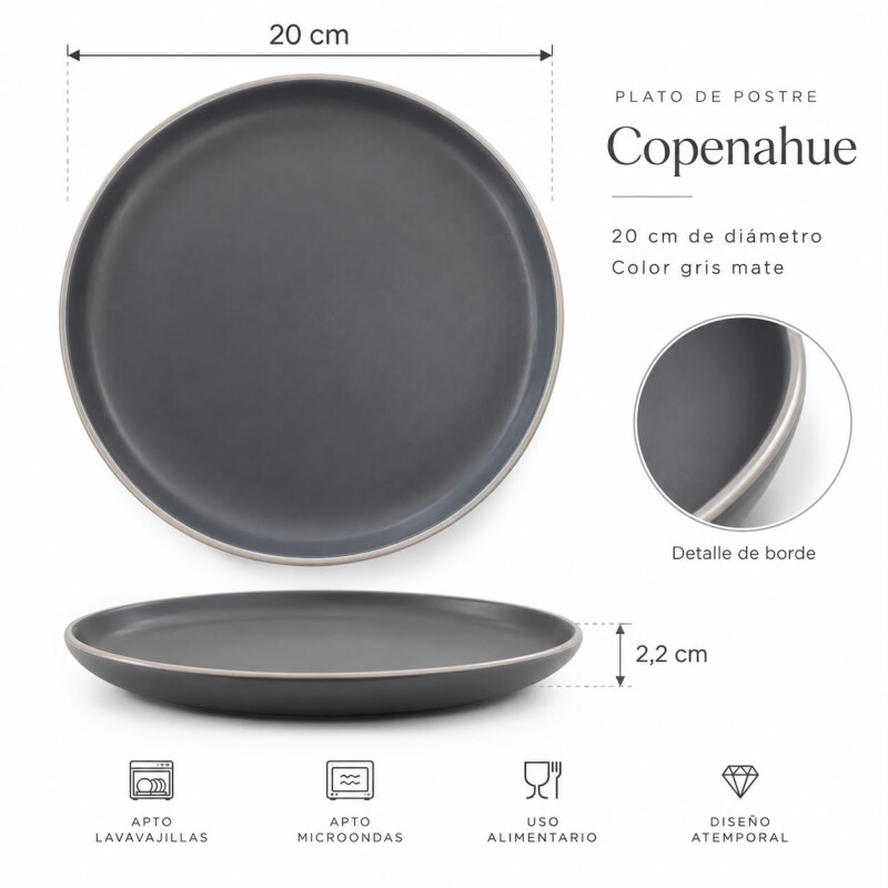 Juego 6 Platos de Postre en Cerámica Copenhague 20cm Gris Juego 6 Platos de Postre en Cerámica Copenhague 20cm Gris