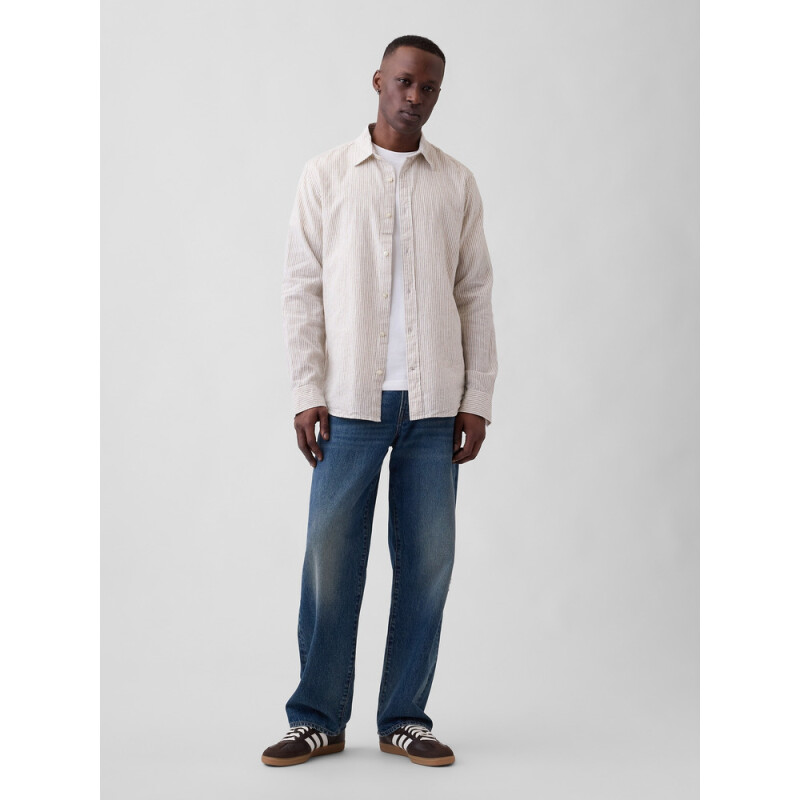 V-LS STANDARD LINEN COTTON WHITE KHAKI STRIPE