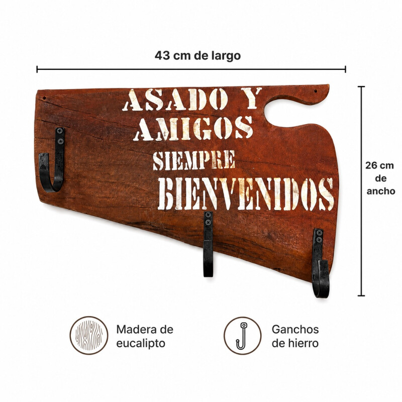 Perchero Rústico en Madera Eucalipto Rojo y Gancho de Hierro Asado y Amigos Siempre Bienvenidos- Chico Perchero Rústico en Madera Eucalipto Rojo y Gancho de Hierro Asado y Amigos Siempre Bienvenidos- Chico