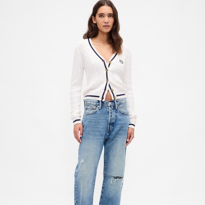 FRANCHISE LOGO COTTON CROP CABLE CARDI NEW OFF WHITE