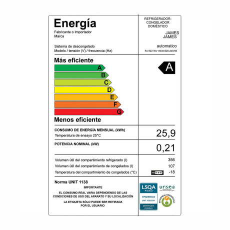 REFRIGERADOR JAMES 463-L GRIS RJ 622 INV INOX