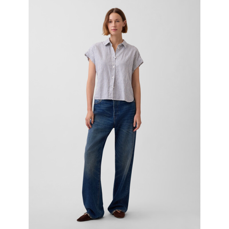 SS SHIRT - LINEN BLUE WHITE STRIPE