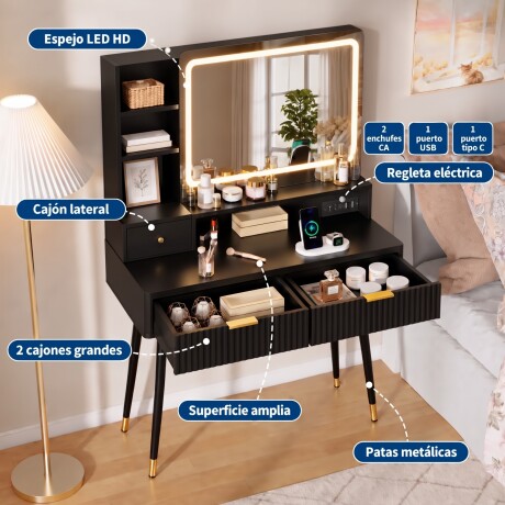 TOCADOR MAQUILLAJE MODERNO ESPEJO LUZ LED + ENCHUFE 3 CAJONES REPISAS ORGANIZADORAS PATAS METÁLICAS NEGRO