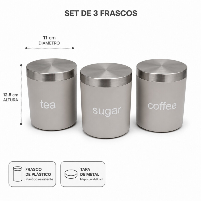 Set de 3 Frascos para Cocina de Plástico con Tapa de Metal Set de 3 Frascos para Cocina de Plástico con Tapa de Metal