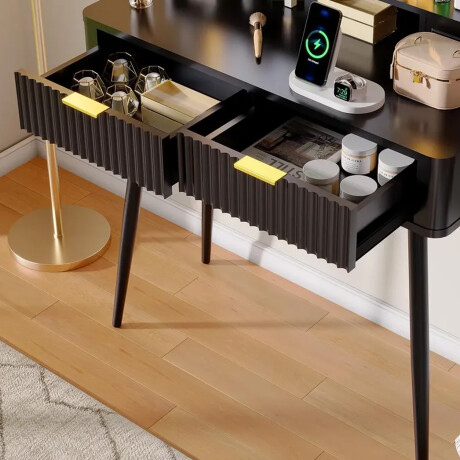 TOCADOR MAQUILLAJE MODERNO ESPEJO LUZ LED + ENCHUFE 3 CAJONES REPISAS ORGANIZADORAS PATAS METÁLICAS NEGRO