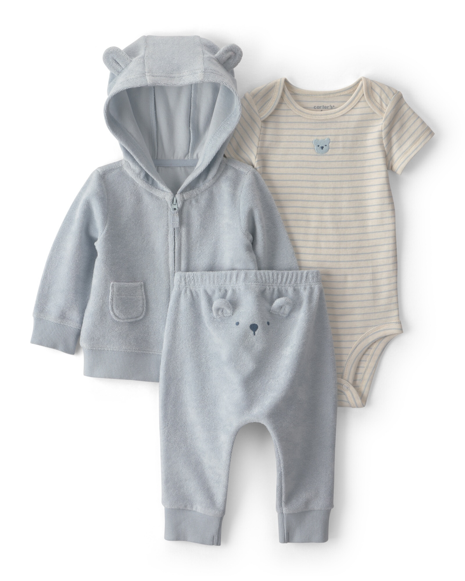 Set tres piezas de algodón, campera y pantalón de terry, más body, diseño oso Sin color