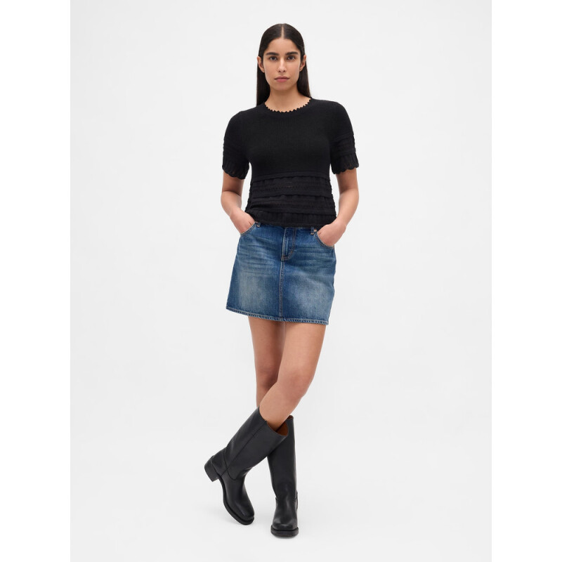 SS LINEN POINTELLE TOP BLACK