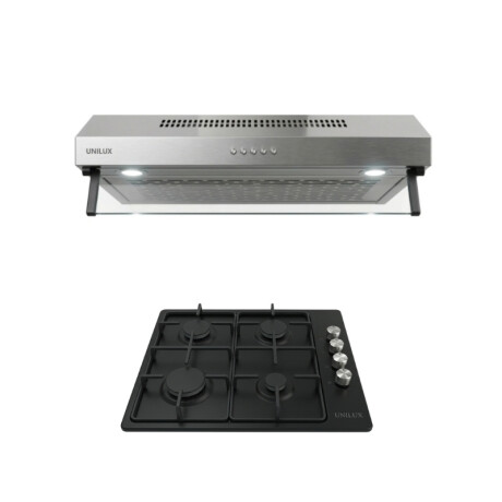 Extractor Purificador Nubia 60CM de Acero Inoxidable Pack Extractor Purificador Nubia 60CM + Anafe a Gas Vulcano Quad 4 Hornallas Negro