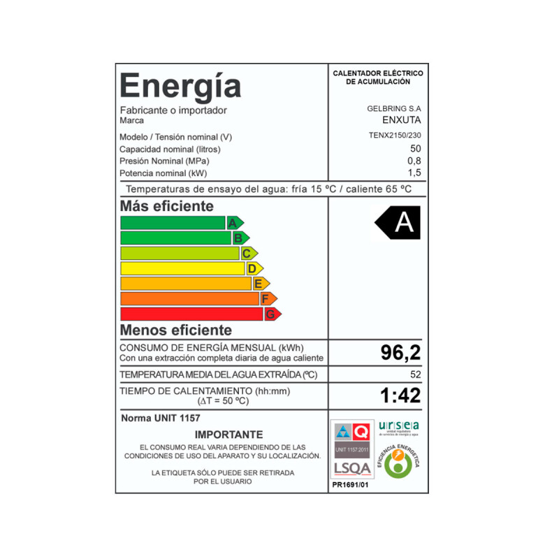 TERMOTANQUE ENXUTA 50 L TENX 2150 ACERO N/A