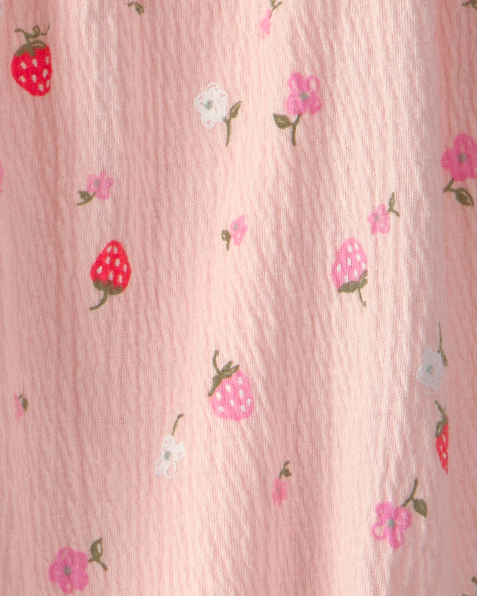 Set dos piezas de jersey arrugado, short pollera y remera, rosado, diseño frutillas. Talles 6-24M Sin color