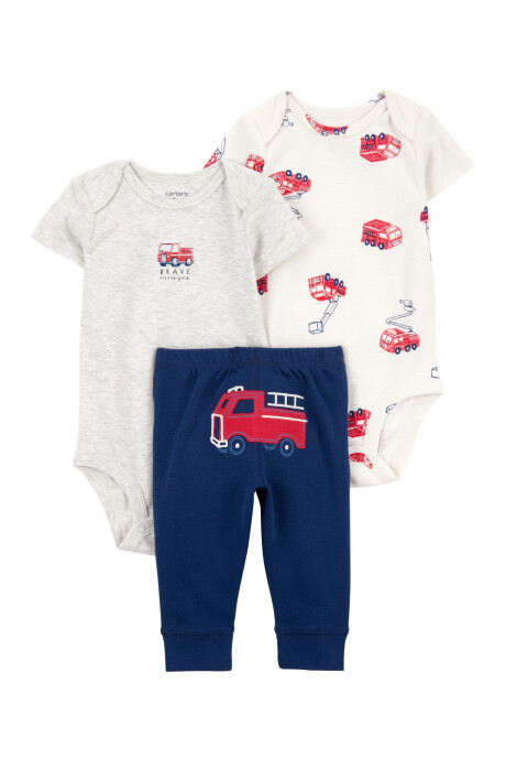 Set tres piezas de algodón, pantalón y dos bodies, diseño bomberos Sin color