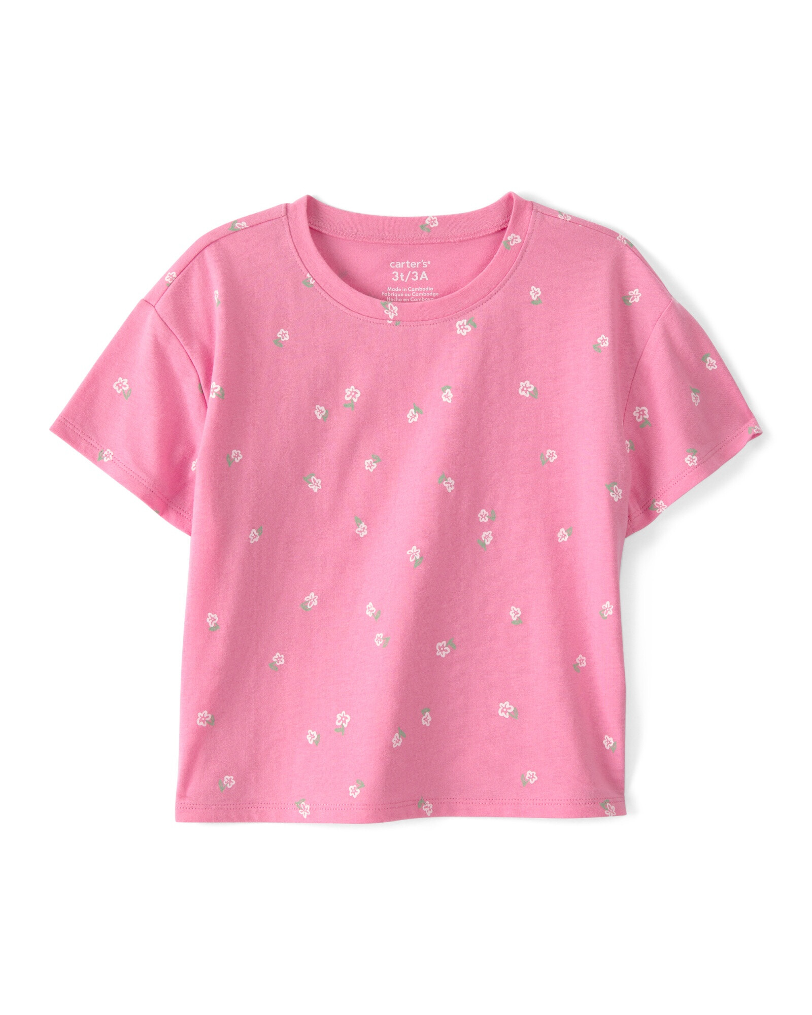 Remera de algodón, manga corta, rosada, diseño floral Sin color