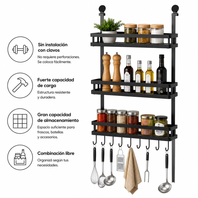 Organizador para Heladera Acero Inoxidable con 3 Estantes y Ganchos Organizador para Heladera Acero Inoxidable con 3 Estantes y Ganchos