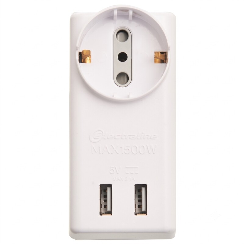 ADAPTADOR TRIPLE SCHUKO +2USB 2.1A Adaptador Triple Schuko + 2 Tomas + 2 USB 2.1A Blanco