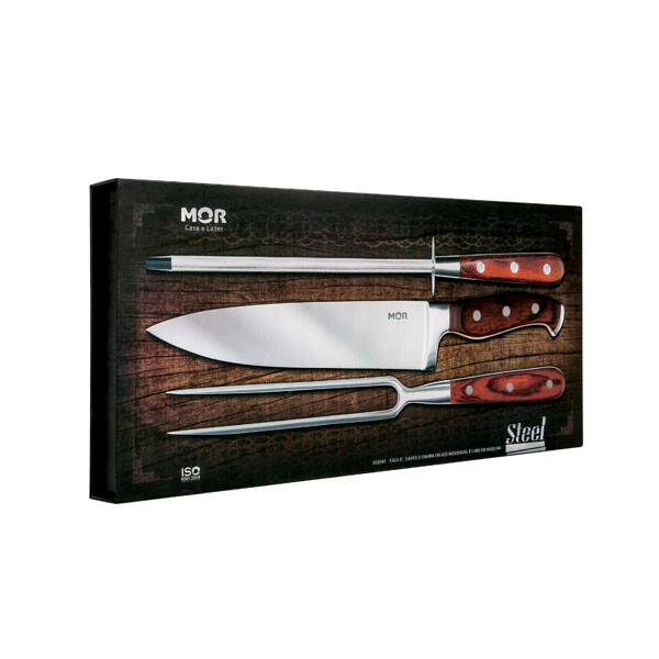 KIT ASADO PREMIUM 3 PIEZAS MANGO DE MADERA METAL