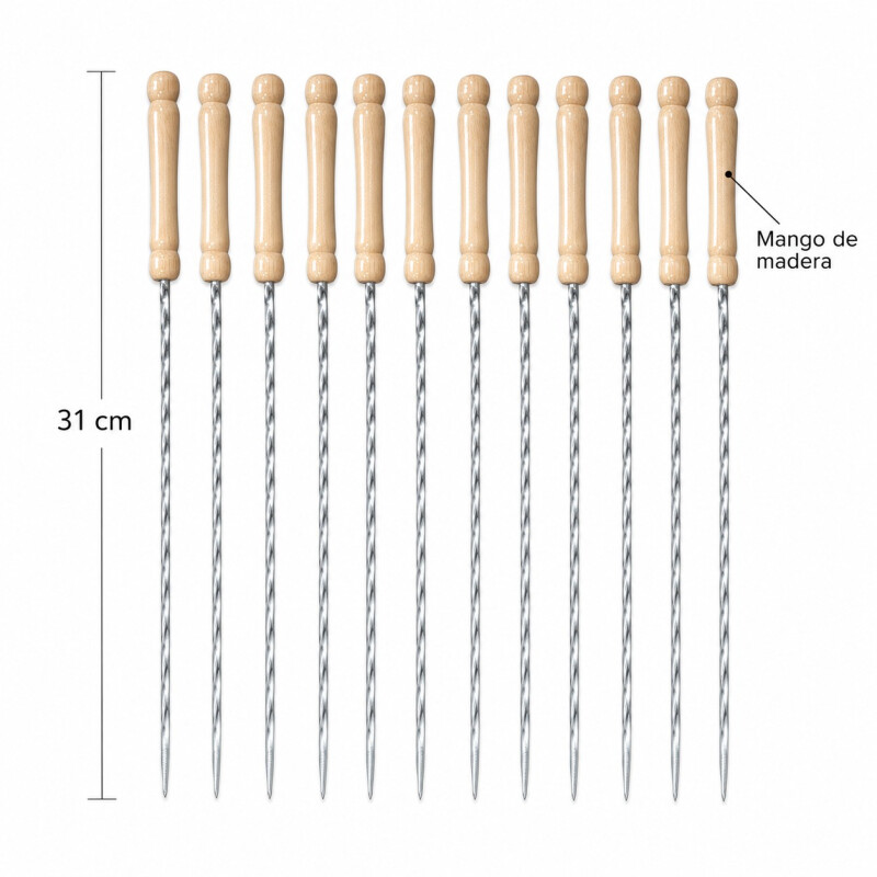 Pinchos para Brochete en Acero Inoxidable y Mango Madera Set 12 Unidades Pinchos para Brochete en Acero Inoxidable y Mango Madera Set 12 Unidades