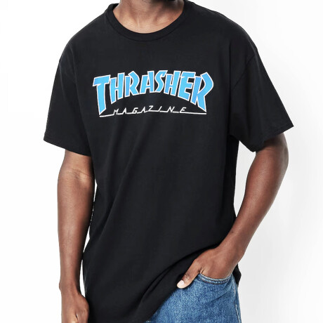 Remera Outlined Thrasher Negro/Celeste