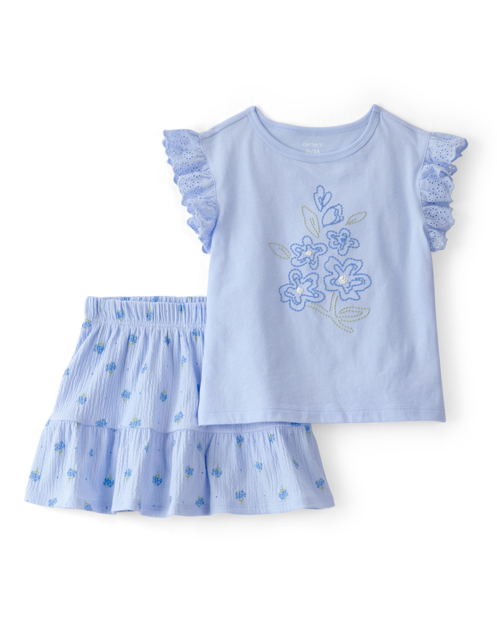 Set dos piezas, short pollera de jersey arrugado y remera de algodón, azul, diseño floral Sin color