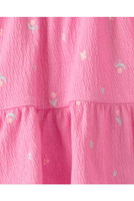 Set dos piezas, short pollera de jersey arrugado y remera de algodón, rosado, diseño floral Sin color